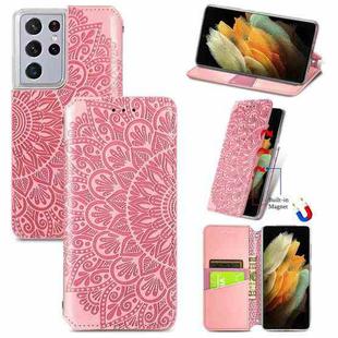 For Samsung Galaxy S21 Ultra 5G Blooming Mandala Embossed Pattern Magnetic Horizontal Flip Leather Case with Holder & Card Slots & Wallet(Pink)