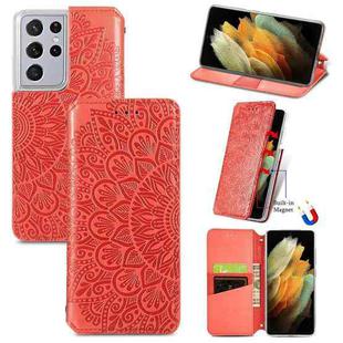 For Samsung Galaxy S21 Ultra 5G Blooming Mandala Embossed Pattern Magnetic Horizontal Flip Leather Case with Holder & Card Slots & Wallet(Red)