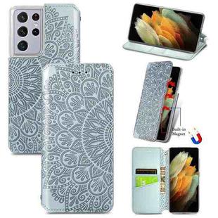 For Samsung Galaxy S21 Ultra 5G Blooming Mandala Embossed Pattern Magnetic Horizontal Flip Leather Case with Holder & Card Slots & Wallet(Grey)