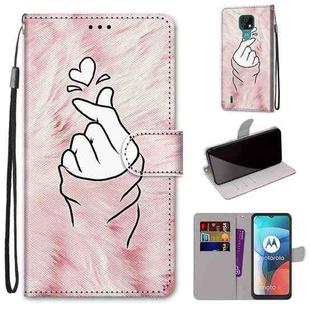 For Motorola Moto E7 Coloured Drawing Cross Texture Horizontal Flip PU Leather Case with Holder & Card Slots & Wallet & Lanyard(Pink Hands Heart)