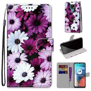 For Motorola Moto E7 Coloured Drawing Cross Texture Horizontal Flip PU Leather Case with Holder & Card Slots & Wallet & Lanyard(Chrysanthemum Pink White Purple)