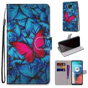 For Motorola Moto E7 Coloured Drawing Cross Texture Horizontal Flip PU Leather Case with Holder & Card Slots & Wallet & Lanyard(Blue Red Butterfly)