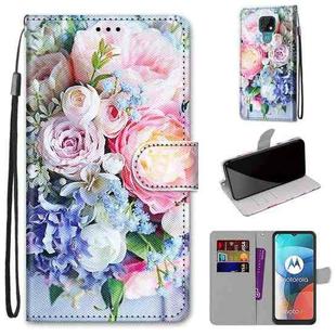 For Motorola Moto E7 Coloured Drawing Cross Texture Horizontal Flip PU Leather Case with Holder & Card Slots & Wallet & Lanyard(Light Pink Bouquet)