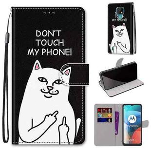 For Motorola Moto E7 Coloured Drawing Cross Texture Horizontal Flip PU Leather Case with Holder & Card Slots & Wallet & Lanyard(Middle Finger White Cat)