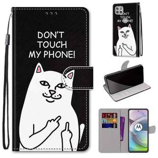 For Motorola Moto G 5G Coloured Drawing Cross Texture Horizontal Flip PU Leather Case with Holder & Card Slots & Wallet & Lanyard(Middle Finger White Cat)