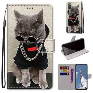 For OPPO A52 / A92 / A72 Coloured Drawing Cross Texture Horizontal Flip PU Leather Case with Holder & Card Slots & Wallet & Lanyard(Golden Chain Grey Cat)