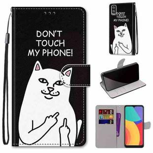 For Alcatel 1L (2021) Coloured Drawing Cross Texture Horizontal Flip PU Leather Case with Holder & Card Slots & Wallet & Lanyard(Middle Finger White Cat)