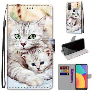 For Alcatel 1S (2021) Coloured Drawing Cross Texture Horizontal Flip PU Leather Case with Holder & Card Slots & Wallet & Lanyard(Big Cat Holding Kitten)