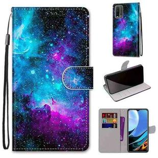 For Xiaomi Redmi 9 Power / Note 9 4G Coloured Drawing Cross Texture Horizontal Flip PU Leather Case with Holder & Card Slots & Wallet & Lanyard(Purple Green Starry Sky)