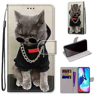 For Motorola Moto E7 Plus / G9 Play / G9 Coloured Drawing Cross Texture Horizontal Flip PU Leather Case with Holder & Card Slots & Wallet & Lanyard(Golden Chain Grey Cat)