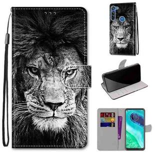 For Motorola Moto G8 Coloured Drawing Cross Texture Horizontal Flip PU Leather Case with Holder & Card Slots & Wallet & Lanyard(Black White Lion Head)