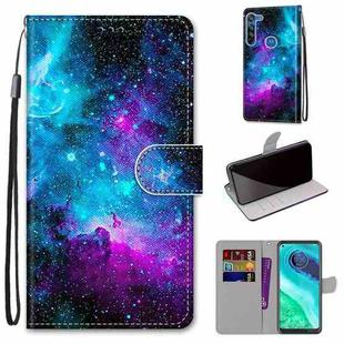 For Motorola Moto G8 Coloured Drawing Cross Texture Horizontal Flip PU Leather Case with Holder & Card Slots & Wallet & Lanyard(Purple Green Starry Sky)