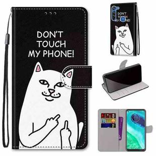 For Motorola Moto G8 Coloured Drawing Cross Texture Horizontal Flip PU Leather Case with Holder & Card Slots & Wallet & Lanyard(Middle Finger White Cat)