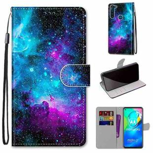 For Motorola Moto G8 Power Coloured Drawing Cross Texture Horizontal Flip PU Leather Case with Holder & Card Slots & Wallet & Lanyard(Purple Green Starry Sky)