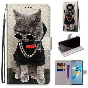 For Huawei Mate 40 Pro Coloured Drawing Cross Texture Horizontal Flip PU Leather Case with Holder & Card Slots & Wallet & Lanyard(Golden Chain Grey Cat)