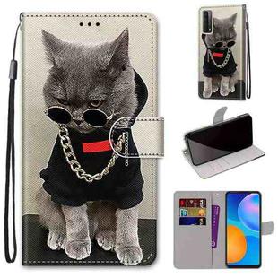 For Huawei P smart 2021 / Y7a Coloured Drawing Cross Texture Horizontal Flip PU Leather Case with Holder & Card Slots & Wallet & Lanyard(Golden Chain Grey Cat)