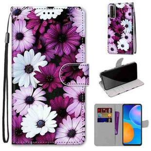 For Huawei P smart 2021 / Y7a Coloured Drawing Cross Texture Horizontal Flip PU Leather Case with Holder & Card Slots & Wallet & Lanyard(Chrysanthemum Pink White Purple)