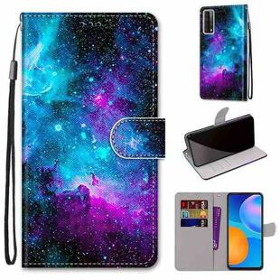 For Huawei P smart 2021 / Y7a Coloured Drawing Cross Texture Horizontal Flip PU Leather Case with Holder & Card Slots & Wallet & Lanyard(Purple Green Starry Sky)
