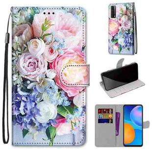 For Huawei P smart 2021 / Y7a Coloured Drawing Cross Texture Horizontal Flip PU Leather Case with Holder & Card Slots & Wallet & Lanyard(Light Pink Bouquet)