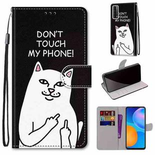For Huawei P smart 2021 / Y7a Coloured Drawing Cross Texture Horizontal Flip PU Leather Case with Holder & Card Slots & Wallet & Lanyard(Middle Finger White Cat)