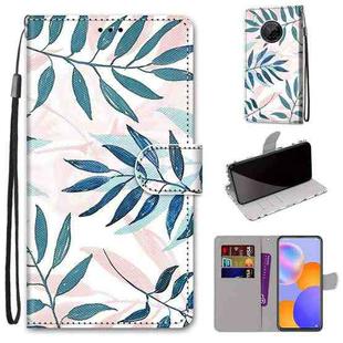 For Huawei Y9a Coloured Drawing Cross Texture Horizontal Flip PU Leather Case with Holder & Card Slots & Wallet & Lanyard(Pink Green Leaf)