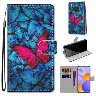 For Huawei Y9a Coloured Drawing Cross Texture Horizontal Flip PU Leather Case with Holder & Card Slots & Wallet & Lanyard(Blue Red Butterfly)