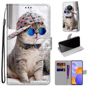 For Huawei Y9a Coloured Drawing Cross Texture Horizontal Flip PU Leather Case with Holder & Card Slots & Wallet & Lanyard(Slant Hat Blue Mirror Cat)