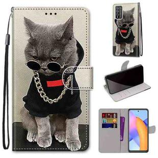 For Honor 10X Lite Coloured Drawing Cross Texture Horizontal Flip PU Leather Case with Holder & Card Slots & Wallet & Lanyard(Golden Chain Grey Cat)