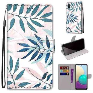 For Samsung Galaxy A02 / M02 Coloured Drawing Cross Texture Horizontal Flip PU Leather Case with Holder & Card Slots & Wallet & Lanyard(Pink Green Leaf)