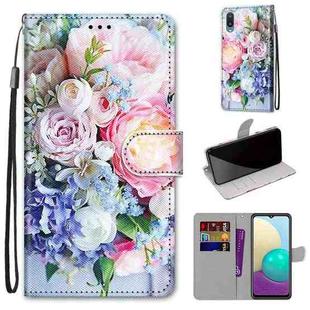 For Samsung Galaxy A02 / M02 Coloured Drawing Cross Texture Horizontal Flip PU Leather Case with Holder & Card Slots & Wallet & Lanyard(Light Pink Bouquet)