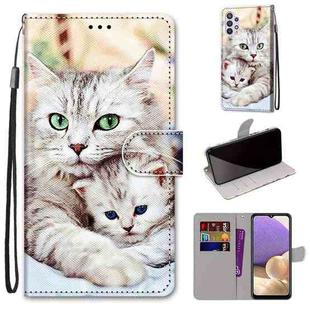 For Samsung Galaxy A32 5G Coloured Drawing Cross Texture Horizontal Flip PU Leather Case with Holder & Card Slots & Wallet & Lanyard(Big Cat Holding Kitten)