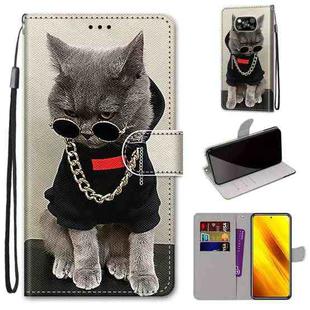 For Xiaomi Poco X3 NPC Coloured Drawing Cross Texture Horizontal Flip PU Leather Case with Holder & Card Slots & Wallet & Lanyard(Golden Chain Grey Cat)