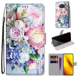 For Xiaomi Poco X3 NPC Coloured Drawing Cross Texture Horizontal Flip PU Leather Case with Holder & Card Slots & Wallet & Lanyard(Light Pink Bouquet)