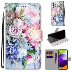 For Samsung Galaxy A52 5G Coloured Drawing Cross Texture Horizontal Flip PU Leather Case with Holder & Card Slots & Wallet & Lanyard(Light Pink Bouquet)