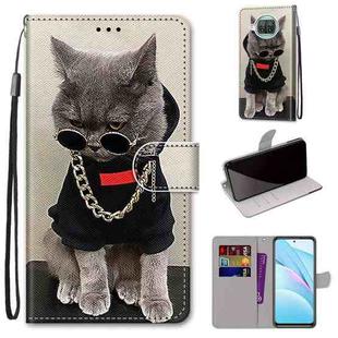 For Xiaomi Mi 10T Lite Coloured Drawing Cross Texture Horizontal Flip PU Leather Case with Holder & Card Slots & Wallet & Lanyard(Golden Chain Grey Cat)