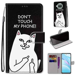 For Xiaomi Mi 10T Lite Coloured Drawing Cross Texture Horizontal Flip PU Leather Case with Holder & Card Slots & Wallet & Lanyard(Middle Finger White Cat)