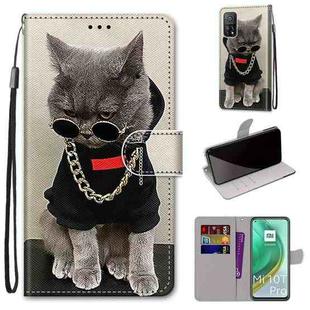 For Xiaomi Mi 10T Pro / 10T / K30s Coloured Drawing Cross Texture Horizontal Flip PU Leather Case with Holder & Card Slots & Wallet & Lanyard(Golden Chain Grey Cat)