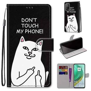 For Xiaomi Mi 10T Pro / 10T / K30s Coloured Drawing Cross Texture Horizontal Flip PU Leather Case with Holder & Card Slots & Wallet & Lanyard(Middle Finger White Cat)