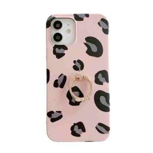 For iPhone 11 Leopard Texture with Ring Metal Rhinestone Bracket Mobile Phone Protective Case (Pink)