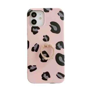 Leopard Texture with Ring Metal Rhinestone Bracket Mobile Phone Protective Case For iPhone 12 / 12 Pro(Pink)