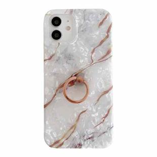 For iPhone 11 Shell Texture Marble with Ring Metal Rhinestone Bracket Mobile Phone Protective Case (Whit)