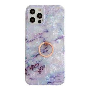 For iPhone 11 Pro Max Shell Texture Marble with Ring Metal Rhinestone Bracket Mobile Phone Protective Case (Purple)