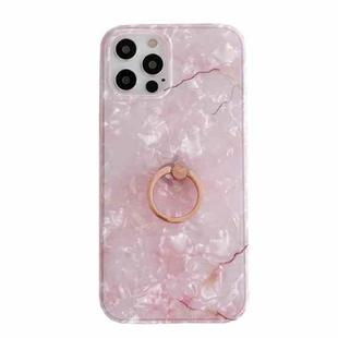 For iPhone 12 mini Shell Texture Marble with Ring Metal Rhinestone Bracket Mobile Phone Protective Case (Pink)
