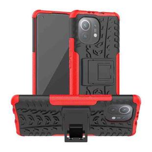 For Xiaomi Mi 11 Tire Texture Shockproof TPU+PC Protective Case with Holder(Red)
