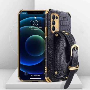 For OPPO Reno5 Electroplated TPU Crocodile Pattern Leather Case with Wrist Strap(Black)
