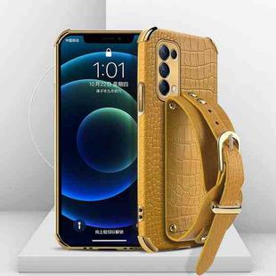 For OPPO Reno5 Pro Electroplated TPU Crocodile Pattern Leather Case with Wrist Strap(Yellow)