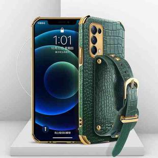 For OPPO Reno5 Pro Electroplated TPU Crocodile Pattern Leather Case with Wrist Strap(Green)
