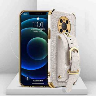 For Huawei Mate 40 Electroplated TPU Crocodile Pattern Leather Case with Wrist Strap(White)