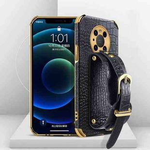 For Huawei Mate 40 Pro Electroplated TPU Crocodile Pattern Leather Case with Wrist Strap(Black)