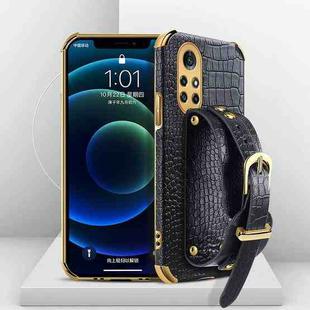 For Huawei Nova 8 Pro Electroplated TPU Crocodile Pattern Leather Case with Wrist Strap(Black)